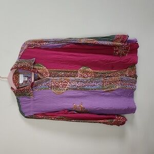 Soft surroundings mixed media multicolor boho beaded blouse, button up shirt